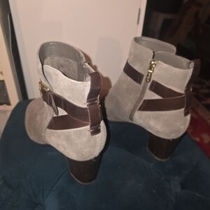 Clarks Gray Suede Ankle Booties with Brown Strap and Gold Buckle